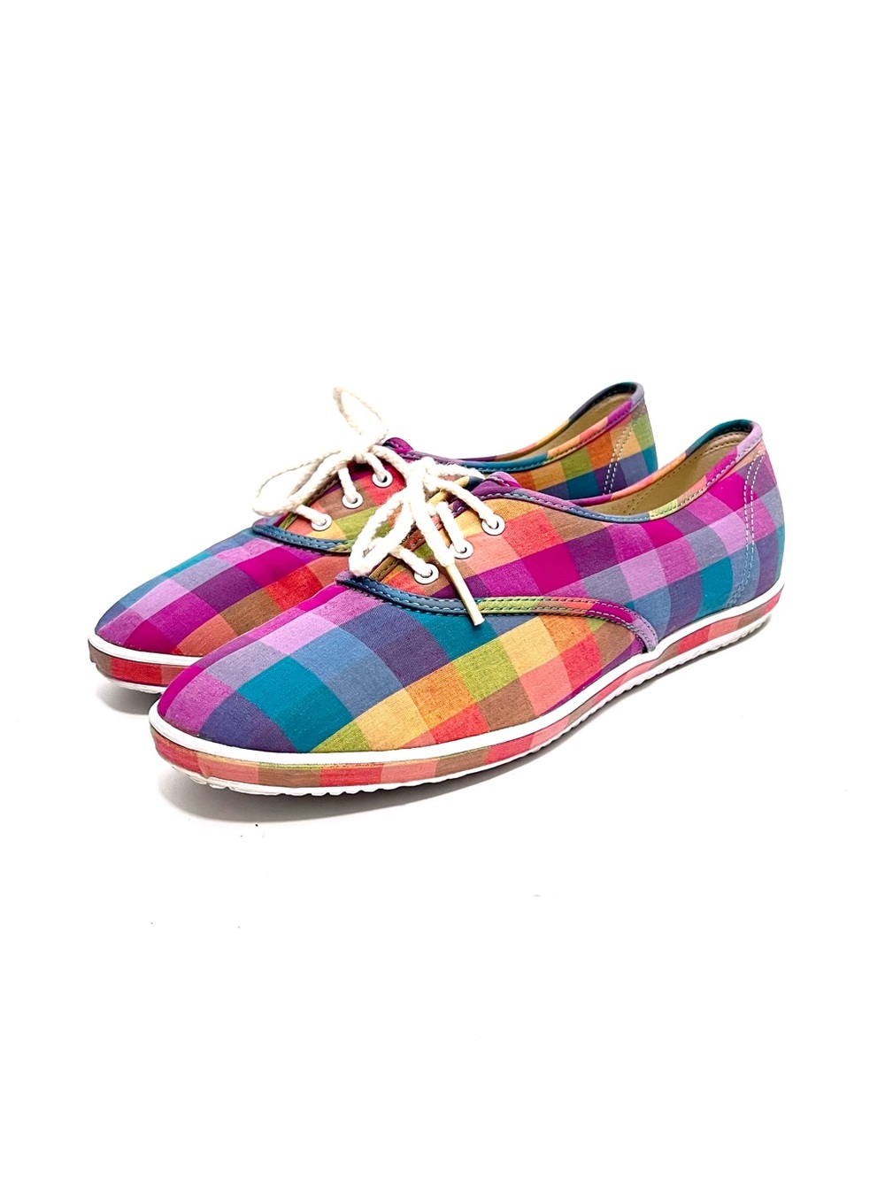 Vintage 1990s rainbow madras plaid canvas fabric lace up sneakers